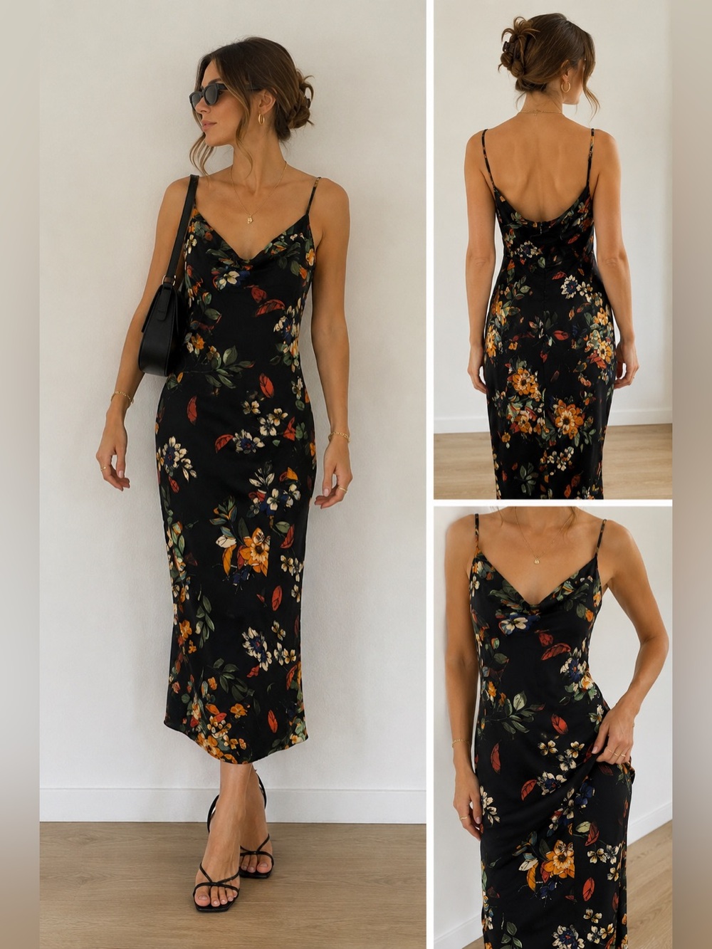 re:named Black Floral Cowl Neck Midi Slip Dress Adjustable Straps Size M